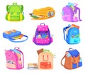 Fullness school knapsack. Stationary open schoolbag supply stationery students elements, children rucksack kids backpack