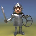 Fully armoured medieval knight with sword holding a car steering wheel, 3d illustration