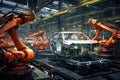 A fully automated assembly line uses robots to work on cars, ensuring accuracy and productivity., Robotic car production line, AI