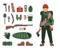 Fully bushcraft-equipped man with isolated bushcraft items nearby. Survival kit in details. Set of isolated images on