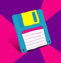 Fully editable hand drawn vector graphic of 1.44 floppy disk stylized for 80's od 90's - vintage, retro image.