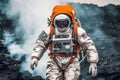 A fully equiped astronaut is exploring an unknown planet.AI generated Royalty Free Stock Photo