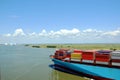 Cargo container ship entering port of Savannah, Georgia. Royalty Free Stock Photo