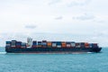 Fully loaded, cargo container ship departing from port of Singapore. Royalty Free Stock Photo