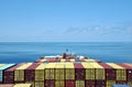 Stack of the containers loaded on deck of the cargo ship.