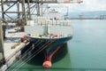 Fully loaded vessel with reefer containers viewed from bow and forward mooring station.