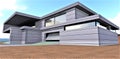 Fully metal facade of the futuristic suburban house. Horizontal composite aesthetic eco-friendly panels. View of the garage with Royalty Free Stock Photo