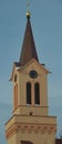 Fully reconstructed orange orthodox church bell tower Royalty Free Stock Photo