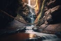 fully rendered sceneryIdyllic waterfall & rope bridge: mind-blowing detail in Unreal Engine 5\'s ultra-wide view Royalty Free Stock Photo