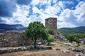 A fully restored tower of the ancient, 4th century BC, fortress of Aigosthena, in Attica, Greece