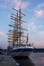 The fully rigged, five masted Royal Clipper at port Varna, Bulgaria at twilight Royalty Free Stock Photo