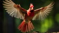 Fully Splayed Wings In Motion, A Northern Cardinal Male Taking Flight Creating A Slight Motion Blur, Cardinalis cardinalis