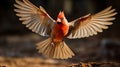 Fully Splayed Wings In Motion, A Northern Cardinal Male Taking Flight Creating A Slight Motion Blur, Cardinalis cardinalis
