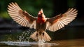 Fully Splayed Wings In Motion, A Northern Cardinal Male Taking Flight Creating A Slight Motion Blur, Cardinalis cardinalis