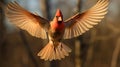 Fully Splayed Wings In Motion, A Northern Cardinal Male Taking Flight Creating A Slight Motion Blur, Cardinalis cardinalis