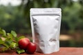 Fully white doypack bag mockup on fruit tree background.