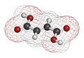 Fumaric acid molecule. Found in bolete mushrooms, lichen and iceland moss and used as food additive. Atoms are represented as