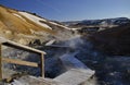 Fumarole fields of Iceland covered with yellow brimstone with boiling mud craters against the winter sky Royalty Free Stock Photo