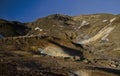 Fumarole fields of Iceland covered with yellow brimstone with boiling mud craters against the winter sky Royalty Free Stock Photo