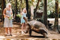 Fun activities in Mauritius. Family feeding giant turtle