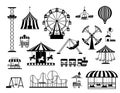 Fun amusement carnival park attractions and carousels black silhouettes. Funfair circus tent, swings, train and hot air Royalty Free Stock Photo
