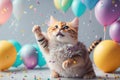 Fun animal party concept cat having fun and colorful ballons. ai generative Royalty Free Stock Photo