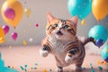 Fun animal party concept cat having fun and colorful ballons. ai generative Royalty Free Stock Photo