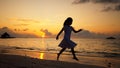 Fun Beach Travel Vacation. Kid Running In Sunset Royalty Free Stock Photo