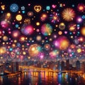 fun bright and colourful fireworks emojis and icons for a happy new years or party