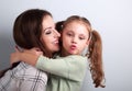 Fun bully kid girl showing kiss sign with mother lipstick kiss m