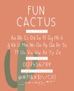 Fun cactus font. Childish alphabet with uppercase, lowercase letters, numbers and punctuation isolated on color background.