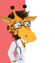 Fun Cartoon Doctor Giraffe looking at a blank white page