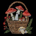 Fun cartoon embroidery style textured 3d fly agarics in basket pattern background illustration. Colorful beautiful decorative