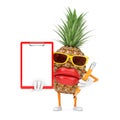 Fun Cartoon Fashion Hipster Cut Pineapple Person Character Mascot with Red Plastic Clipboard, Paper and Pencil. 3d Rendering Royalty Free Stock Photo