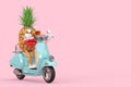 Fun Cartoon Fashion Hipster Cut Pineapple Person Character Mascot Riding Classic Vintage Retro or Electric Scooter. 3d Rendering
