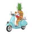 Fun Cartoon Fashion Hipster Cut Pineapple Person Character Mascot Riding Classic Vintage Retro or Electric Scooter. 3d Rendering