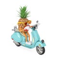 Fun Cartoon Fashion Hipster Cut Pineapple Person Character Mascot Riding Classic Vintage Retro or Electric Scooter. 3d Rendering