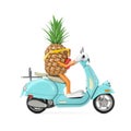 Fun Cartoon Fashion Hipster Cut Pineapple Person Character Mascot Riding Classic Vintage Retro or Electric Scooter. 3d Rendering