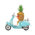 Fun Cartoon Fashion Hipster Cut Pineapple Person Character Mascot Riding Classic Vintage Retro or Electric Scooter. 3d Rendering