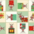 Fun cartoon reindeer in brown, red, green and gold holding presents. Patchwork geometric design. Seamless vector pattern Royalty Free Stock Photo