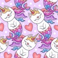 Fun cat unicorn and mermaid seamless pattern. Vector