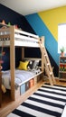 A fun children's room with a blue accent wall, a wooden loft bed with a ladder Royalty Free Stock Photo