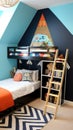 A fun children's room with a blue accent wall, a wooden loft bed with a ladder Royalty Free Stock Photo
