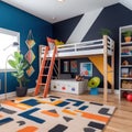 A fun children's room with a blue accent wall, a wooden loft bed with a ladder Royalty Free Stock Photo