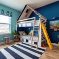 A fun children's room with a blue accent wall, a wooden loft bed with a ladder Royalty Free Stock Photo