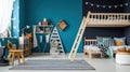 A fun children's room with a blue accent wall, a wooden loft bed with a ladder Royalty Free Stock Photo