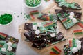 Fun chocolate bark for Saint Patricks day with green chocolate, rainbows and sprinkles Royalty Free Stock Photo