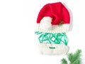 Fun Christmas composition. Knitted hat and beard, green ribbon are in the form of the face of Santa Claus on a white background.