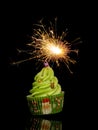 Fun Christmas style cupcake, cake with golden sparkler isolated on black background.