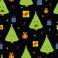 Fun Christmas trees with faces on black background